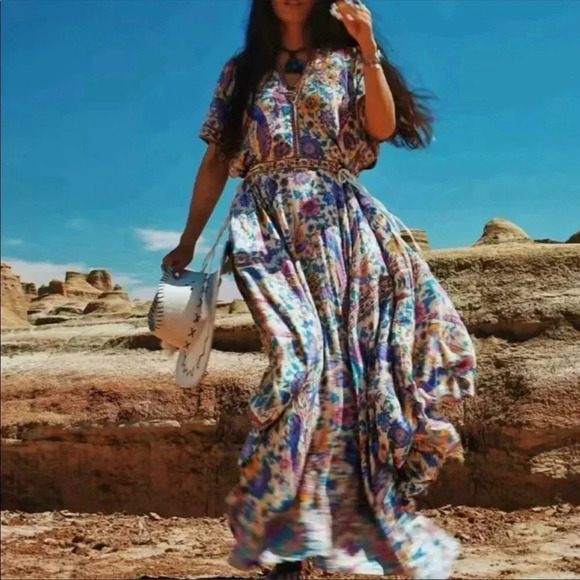 Boho Floral Maxi Dress — Drawstring Waist | Flowy Cotton Summer Dress - Picture 3 of 6